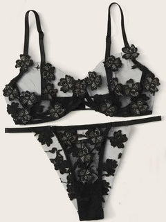 Luxe Mesh Embroidered Flower Appliqué Bra Set