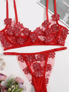 Luxe Mesh Embroidered Flower Appliqué Bra Set