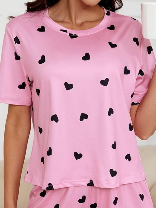 Charming Heart Print Knitted Short Sleeve Pajama Set