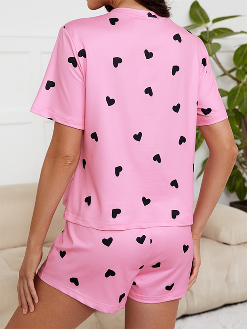 Charming Heart Print Knitted Short Sleeve Pajama Set