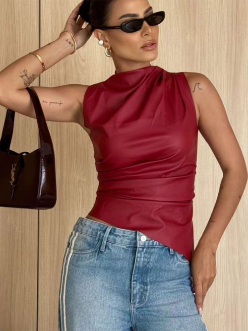 Chic Leather-Luxe Turtleneck Sleeveless Top