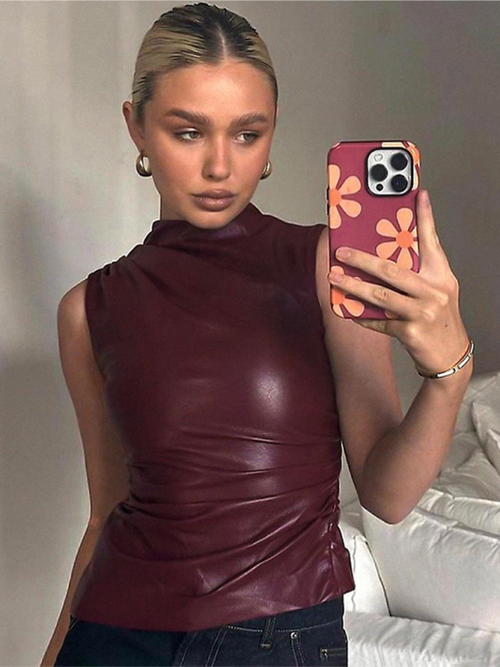 Chic Leather-Luxe Turtleneck Sleeveless Top