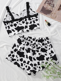 Chic Cow Print Camisole & Lace Shorts Loungewear Set