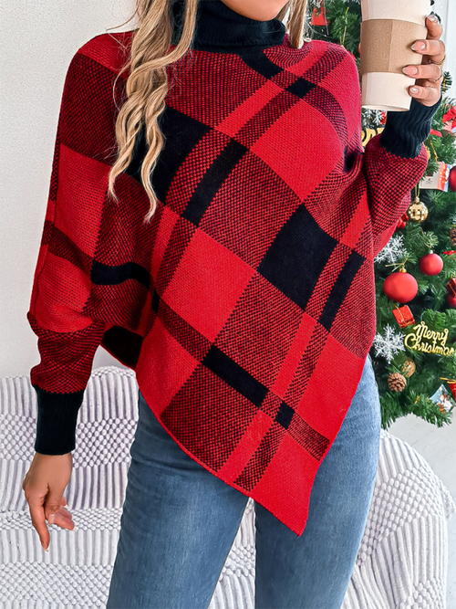 Plaid Wonderland Turtleneck Poncho for Cozy Christmas Vibes