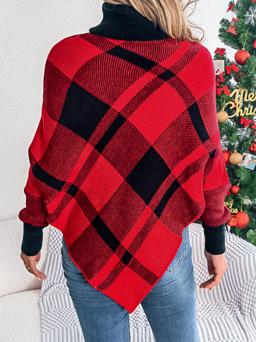 Plaid Wonderland Turtleneck Poncho for Cozy Christmas Vibes