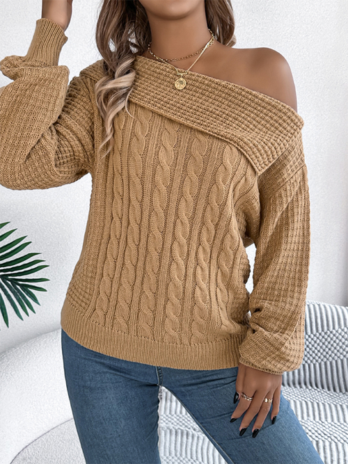 Chic Off-Shoulder Cable Knit Pullover for Autumn Adventures