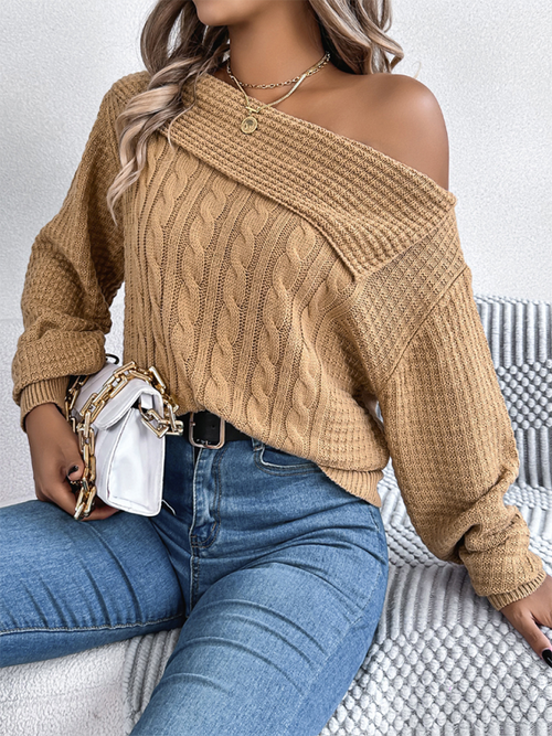 Chic Off-Shoulder Cable Knit Pullover for Autumn Adventures