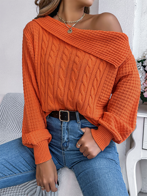 Chic Off-Shoulder Cable Knit Pullover for Autumn Adventures