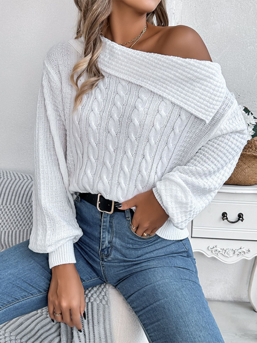 Chic Off-Shoulder Cable Knit Pullover for Autumn Adventures